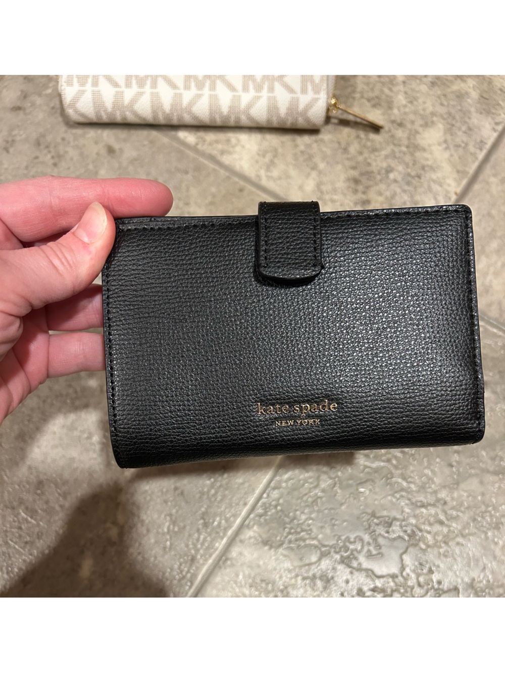 kate spade Black Textured Leather Snap Wallet with Gold Logo